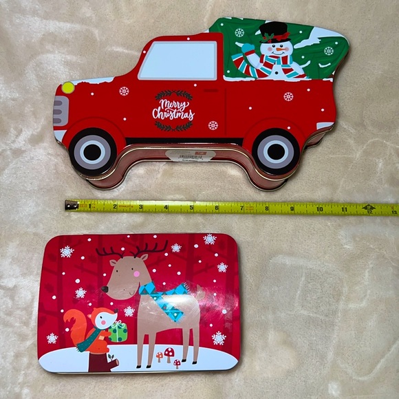 ☃️🦌🎄 2 CHRISTMAS HOLIDAY RED TRUCK SNOWMAN REINDEER TIN STORAGE GIFT CONTAINERS - Picture 11 of 15